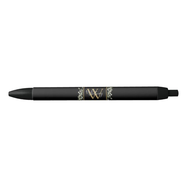 Personalized Black Gold Monogram Greenery Floral Pen (Front)