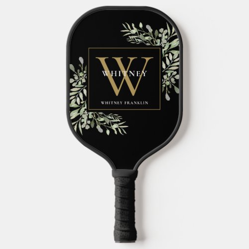Personalized Black Gold Monogram Greenery Floral Pickleball Paddle