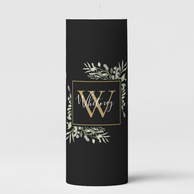 Personalized Black Gold Monogram Greenery Floral  Pillar Candle (Front)