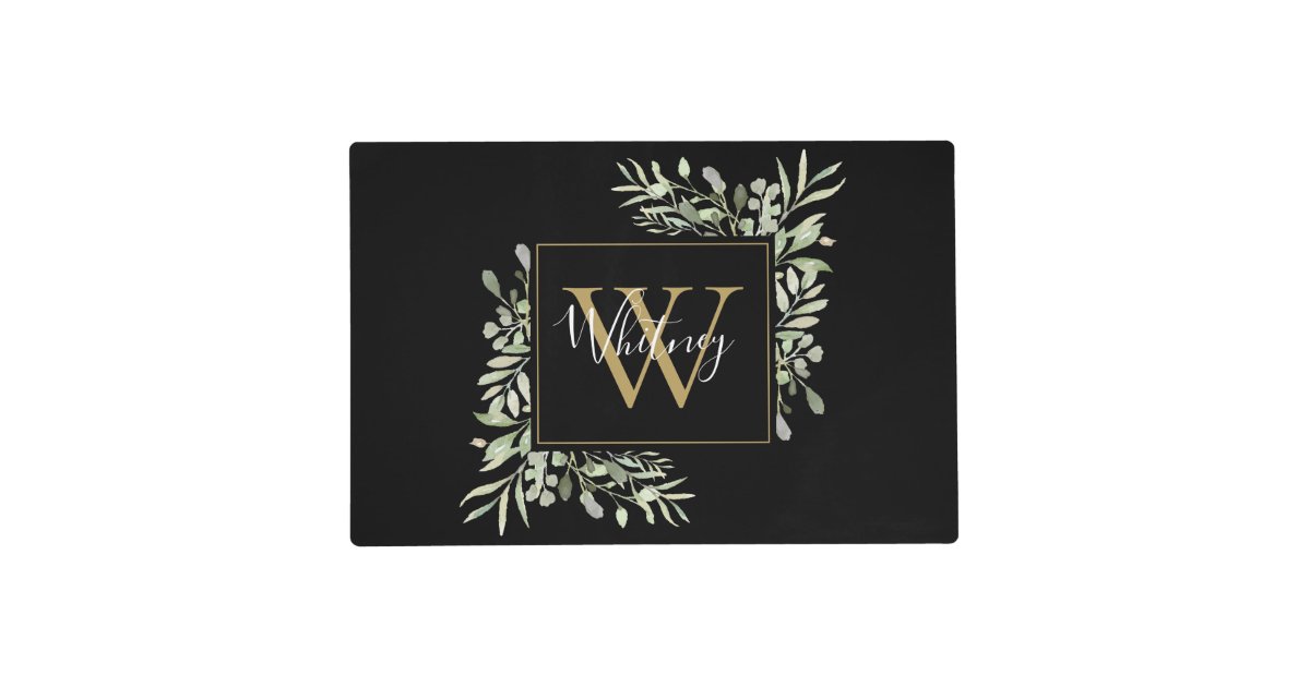 Personalized Black Gold Monogram Greenery Floral Placemat Zazzle