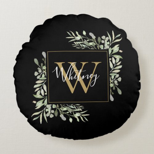 Personalized Black Gold Monogram Greenery Floral Round Pillow