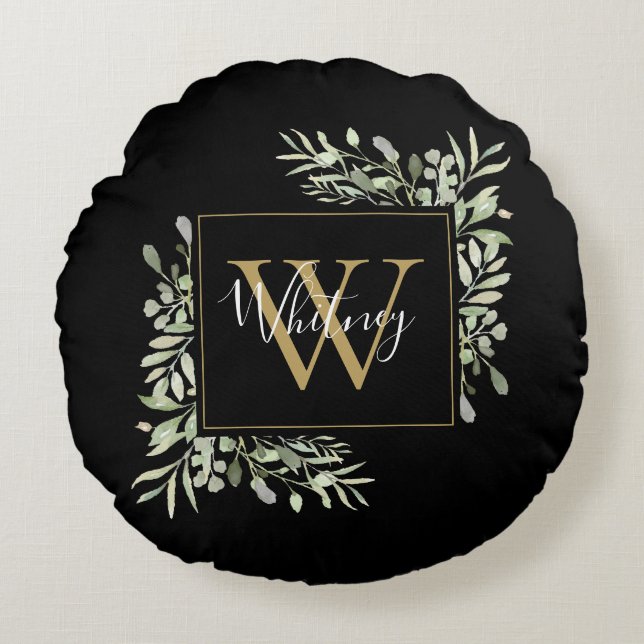 Personalized Black Gold Monogram Greenery Floral Round Pillow (Front)