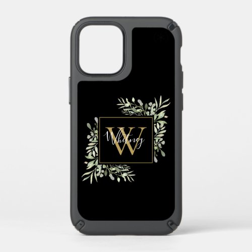 Personalized Black Gold Monogram Greenery Floral  Speck iPhone 12 Mini Case