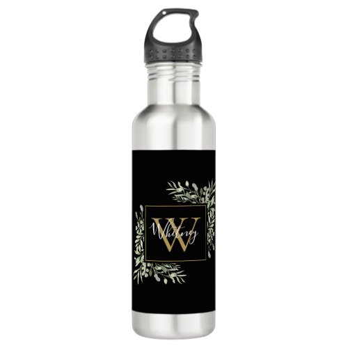 Personalized Black Gold Monogram Greenery Floral Stainless Steel Water Bottle