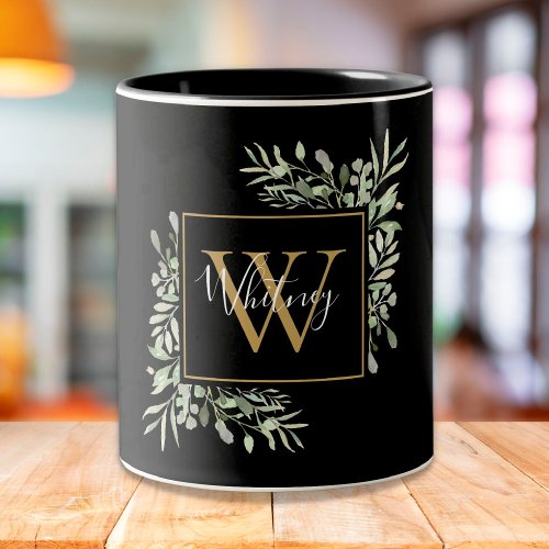 Personalized Black Gold Monogram Greenery Floral Two_Tone Coffee Mug