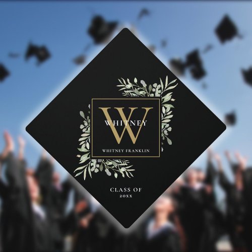 Personalized Black Gold Monogram Greenery Graduation Cap Topper