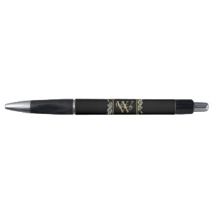 Personalized Black Gold Monogram Greenery Pen