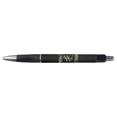 Personalized Black Gold Monogram Greenery Pen