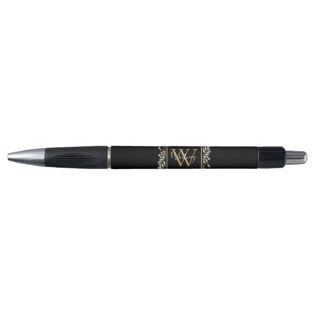 Personalized Black Gold Monogram Greenery Pen (Front)