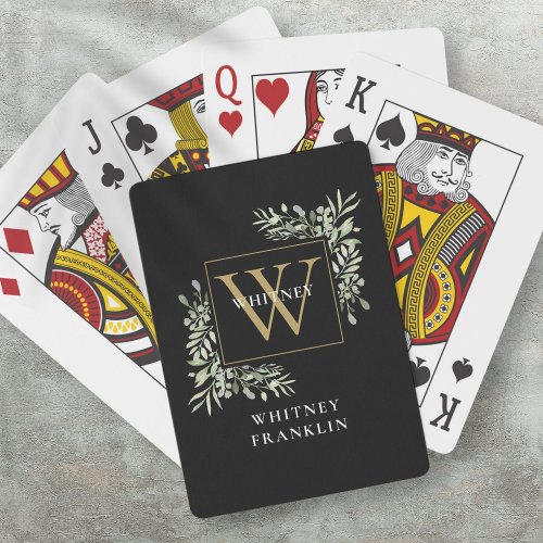 Personalized Black Gold Monogram Greenery Poker Cards