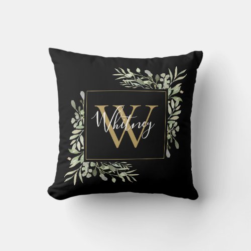 Personalized Black Gold Monogram Greenery Throw Pillow