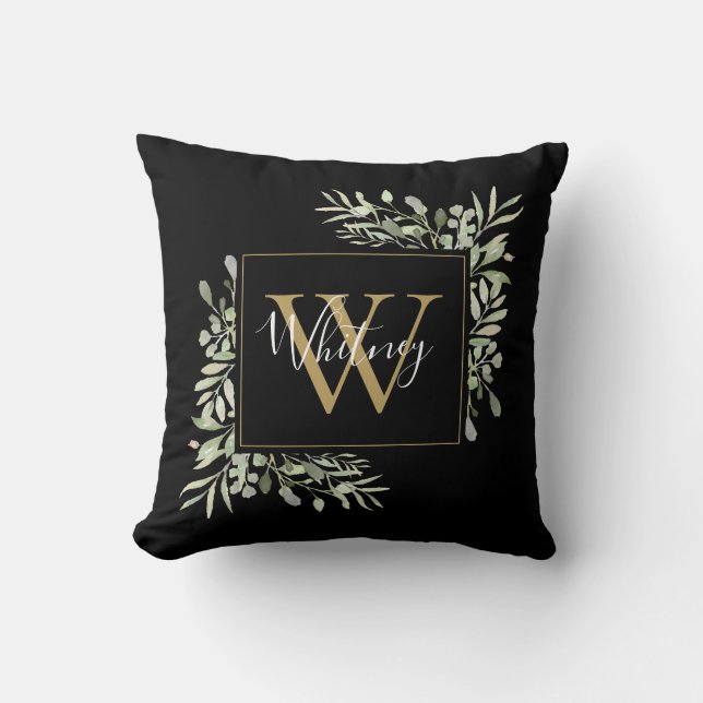Personalized Black Gold Monogram Greenery Throw Pillow (Front)