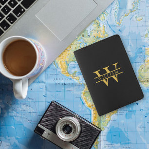 Personalized Black Gold Monogram Men Women Travel Passport Holder