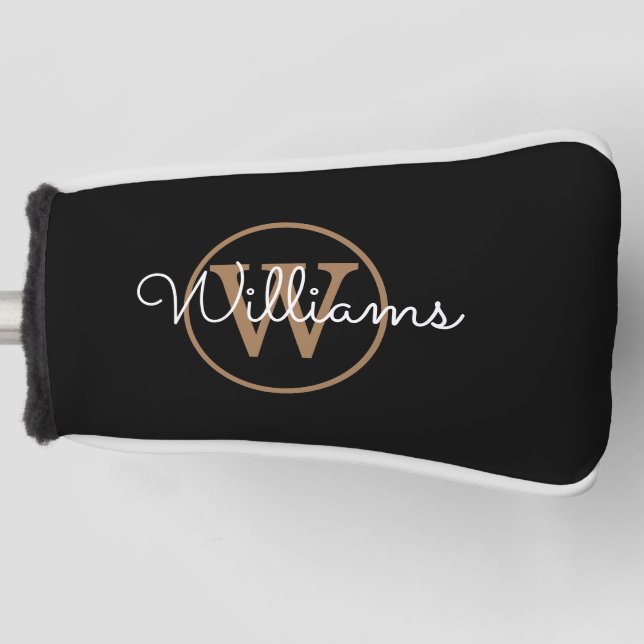 Personalized Black Gold Monogram Script Name Golf Head Cover (Front)