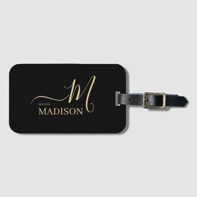 Personalized Black Gold Monogram Script Wedding  Luggage Tag (Front Horizontal)