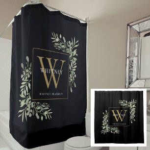 Personalized Black Gold Monogram Watercolor Floral Shower Curtain