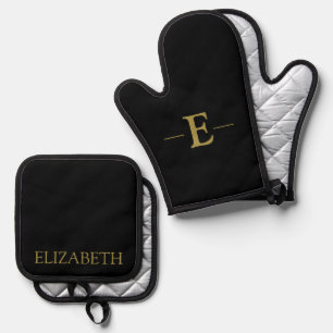 Personalized Black & Gold Oven Mitt and Pot Holder Set