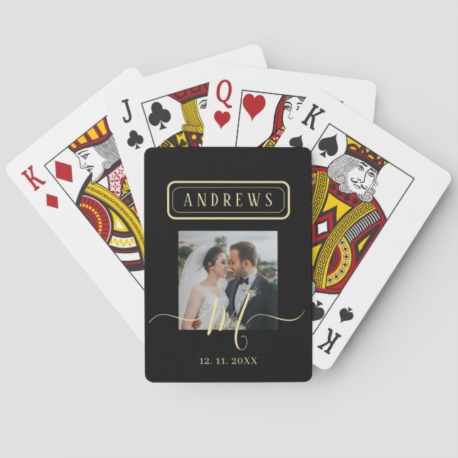 Personalized Black & Gold Photo Signature Wedding  Poker Cards (Back)