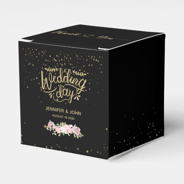 Personalized Black Gold Pink Floral Wedding Day Favor Boxes (Front Side)