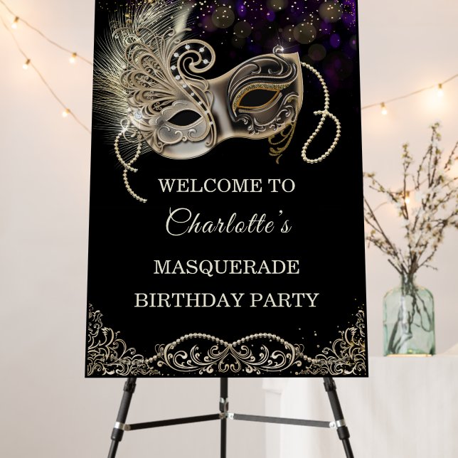 Personalized  Black Gold  Purple Masquerade Party Foam Board (In Situ (Stand))