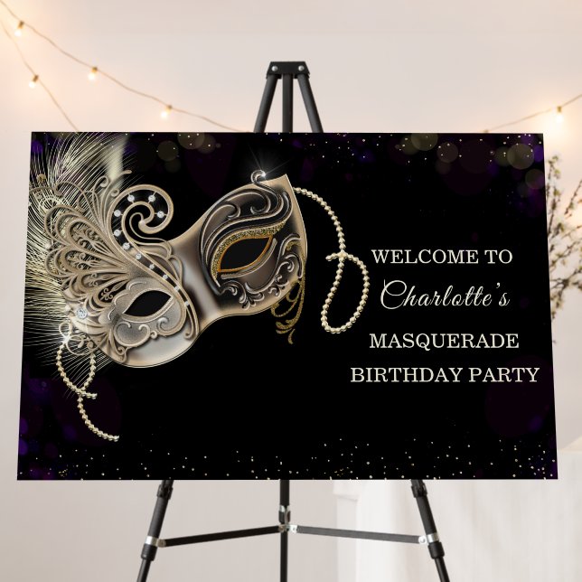 Personalized  Black Gold  Purple Masquerade Party Foam Board (In Situ (Stand))