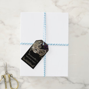 Personalized Black Gold Purple Masquerade Party Gift Tags