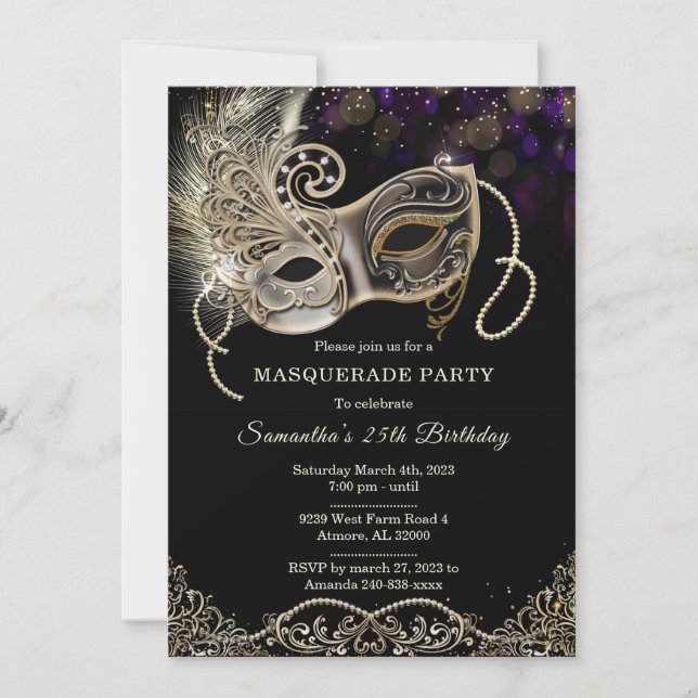 Personalized  Black Gold  Purple Masquerade Party Invitation (Front)