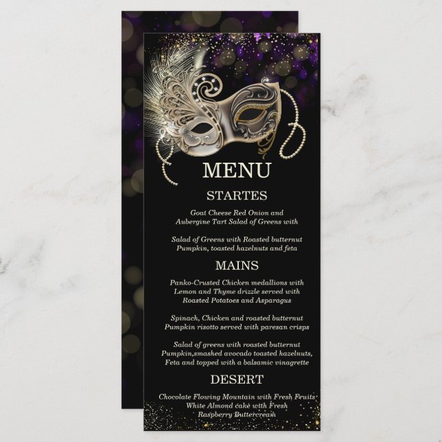 Personalized  Black Gold  Purple Masquerade Party Menu (Front/Back)