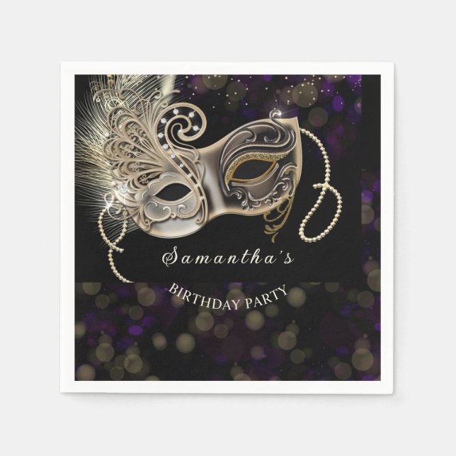 Personalized  Black Gold  Purple Masquerade Party Napkins (Front)
