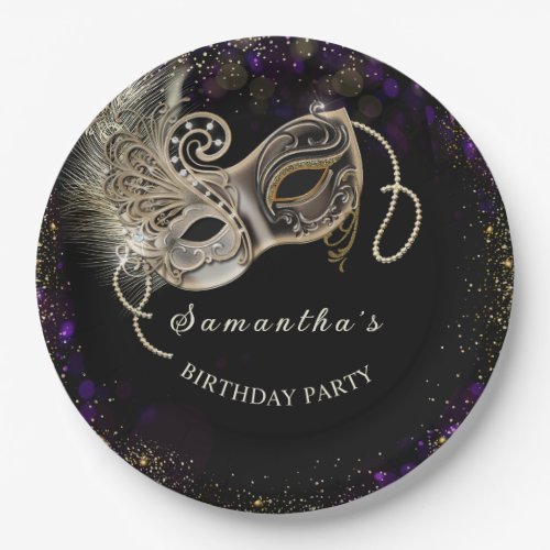 Personalized  Black Gold  Purple Masquerade Party Paper Plates