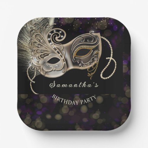 Personalized  Black Gold  Purple Masquerade Party Paper Plates