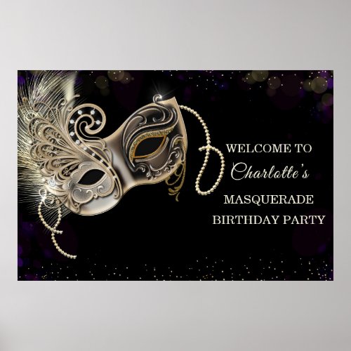 Personalized  Black Gold  Purple Masquerade Party Poster