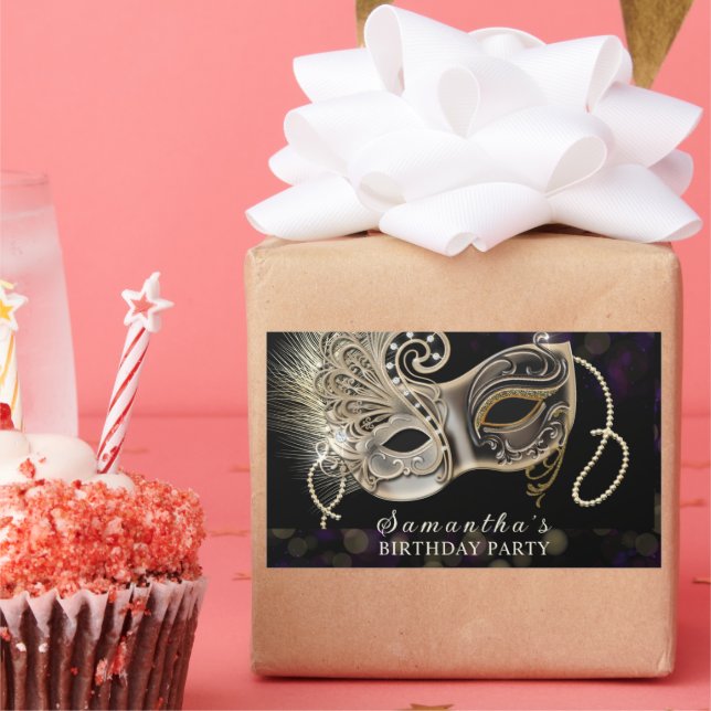 Personalized  Black Gold  Purple Masquerade Party Rectangular Sticker (Party)