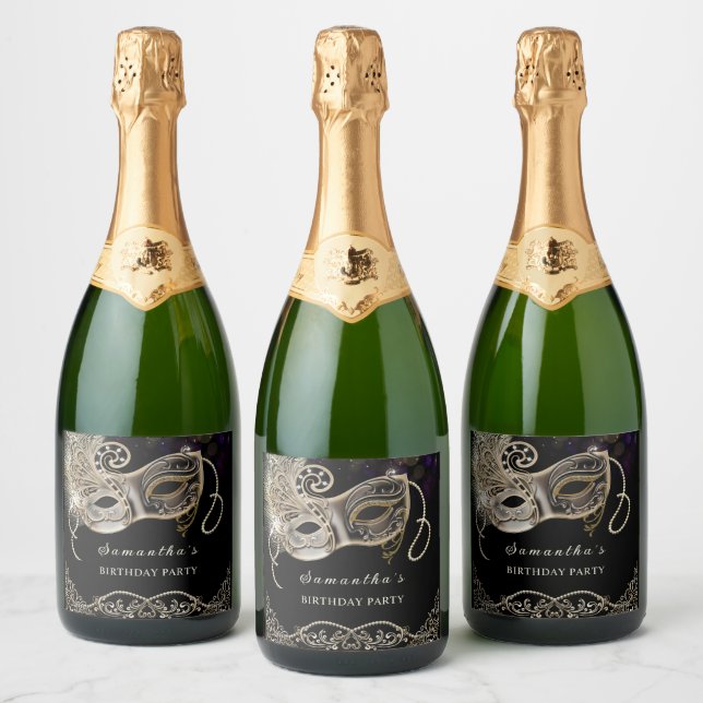 Personalized  Black Gold  Purple Masquerade Party Sparkling Wine Label (Bottles)