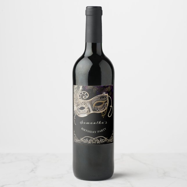 Personalized  Black Gold  Purple Masquerade Party Wine Label (Front)