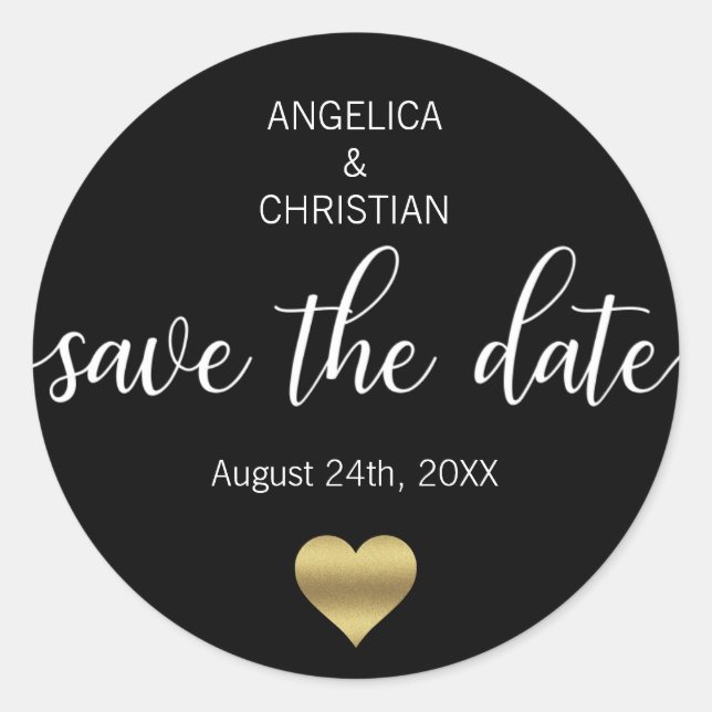 Personalized BLACK Gold SAVE THE DATE Wedding Classic Round Sticker (Front)