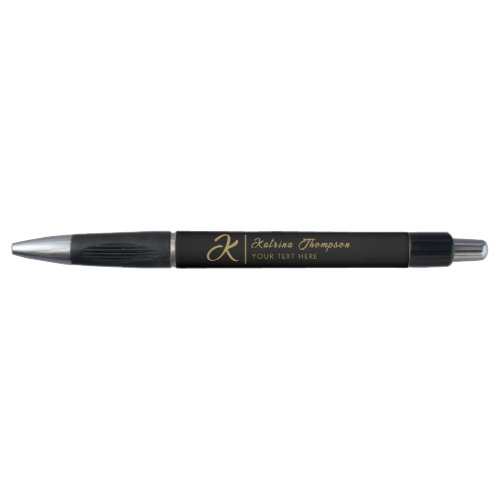 Personalized Black  Gold Script Initial Monogram  Pen