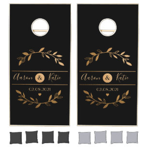 Personalized Black Gold Script Monogram Name Cornhole Set