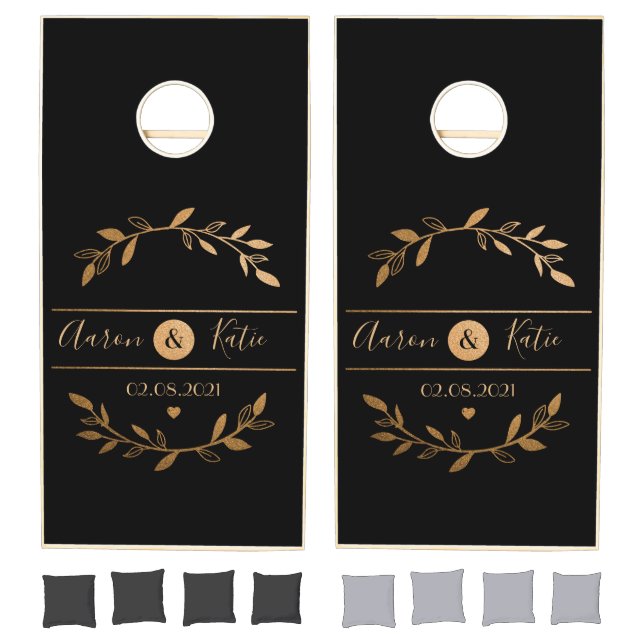  Personalized Black Gold Script Monogram Name  Cornhole Set (Set)