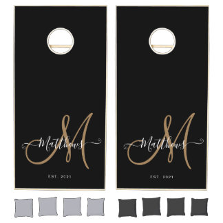 Personalized Black Gold Script Monogram Name Cornhole Set