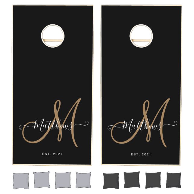 Personalized Black Gold Script Monogram Name Cornhole Set (Set)