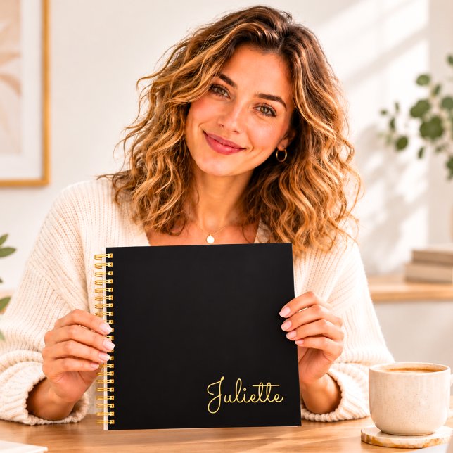 Personalized Black Gold Script Name Square Spiral  Notebook (Creator Uploaded)