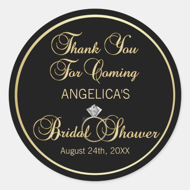 Personalized Black Gold Thank You Bridal Shower Classic Round Sticker (Front)