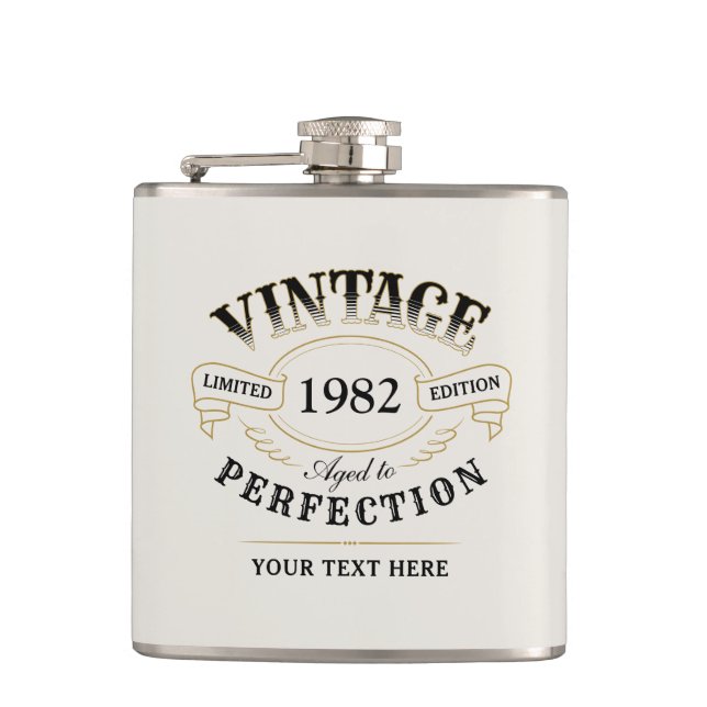 Personalized Black Gold Vintage Aged To Perfection Flask (Front)