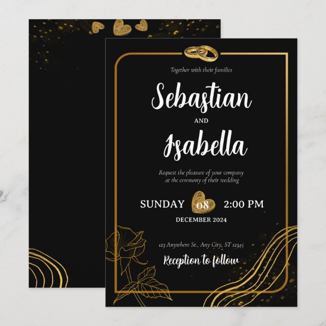 Personalized Black & Gold Wedding Invitation (Front/Back)