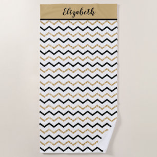 Personalized Black Gold White Chevron Zig Zag Beach Towel