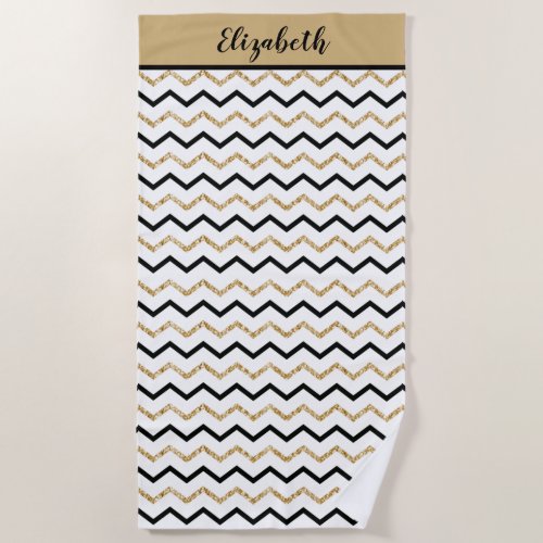 Personalized Black Gold White Chevron Zig Zag  Beach Towel