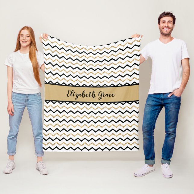 Personalized Black Gold White Chevron Zig Zag Fleece Blanket (In Situ)