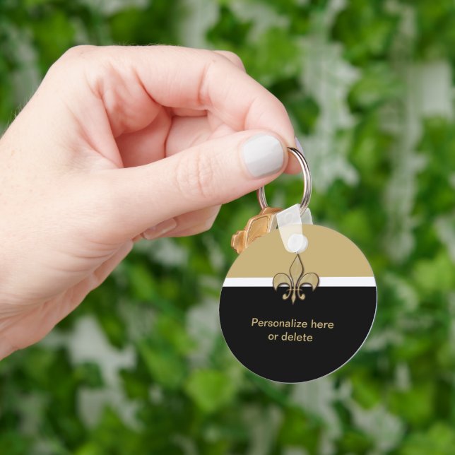 Personalized Black Gold White Fleur de Lis Keychain Zazzle