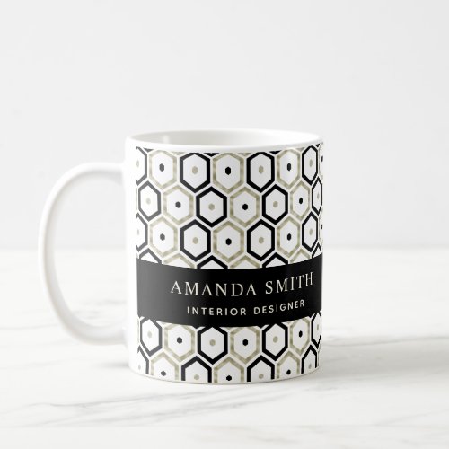 Personalized Black Gold White Geometric Modern  Coffee Mug - Personalized Black Gold White Geometric Modern  Coffee  Mug
This beautiful dark mug features geometric pattern in faux gold and  palm leaves on navy background and you can personalize it with your name and job. It is perfect gift for new job, interior designer, architect, anyone who likes modern elegance.
Message me for any needed adjustments.